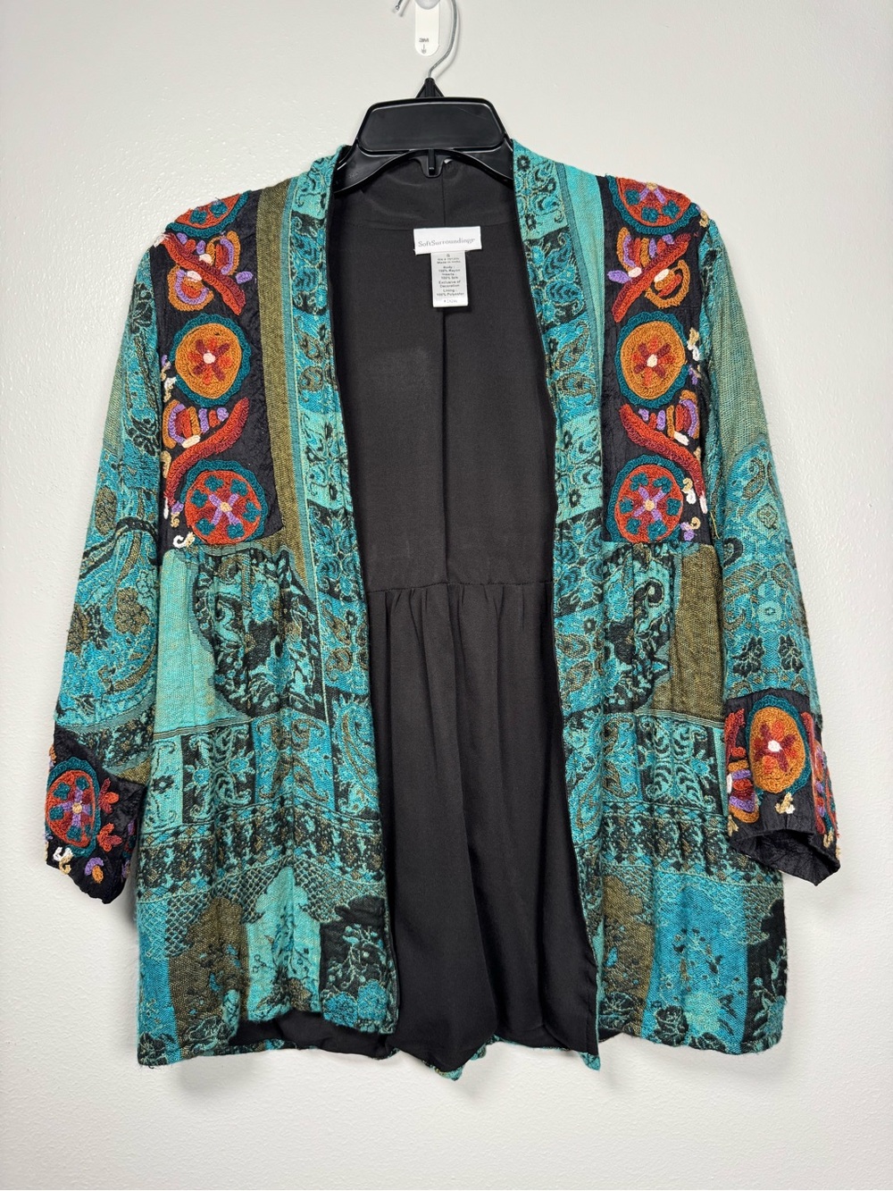 Soft Surroundings Istanbul Embroidered Brocade Jacket Teal Silk Size S Boho